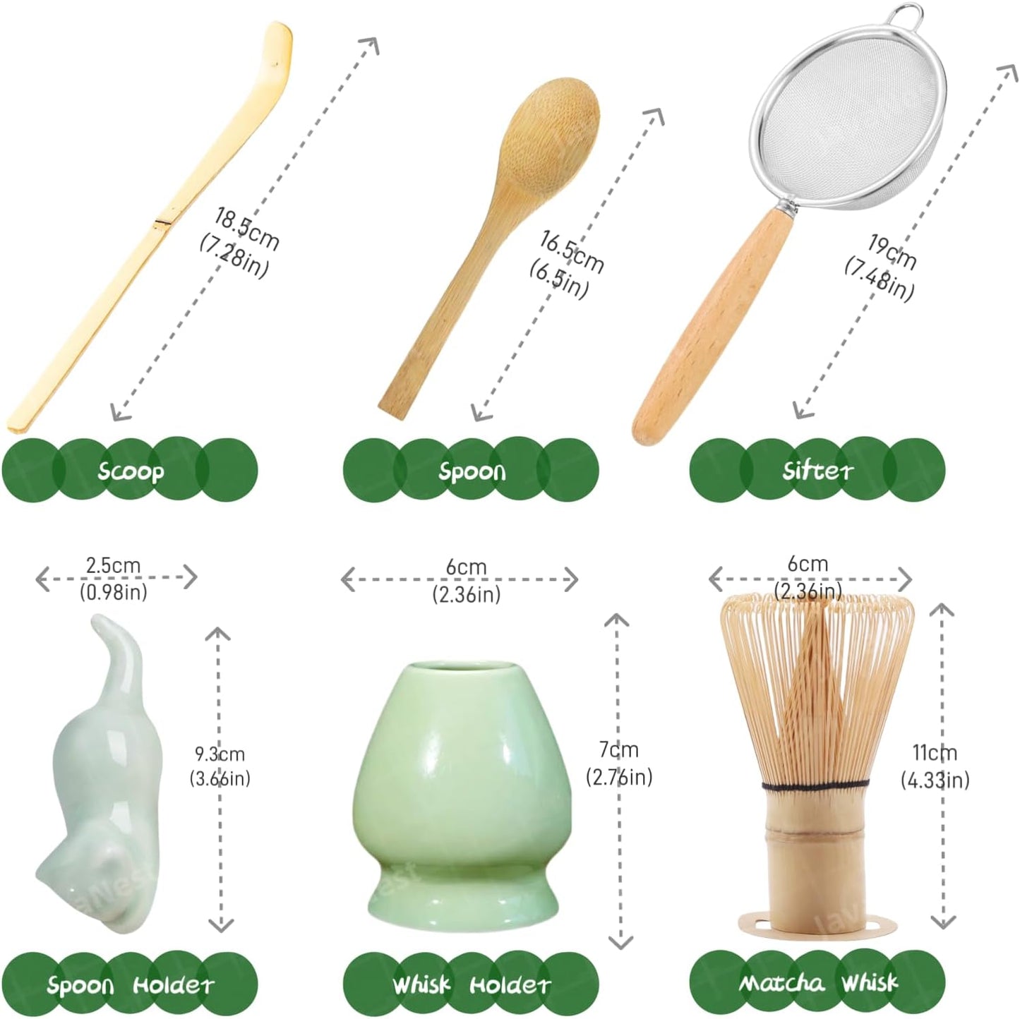 Matcha Whisk Set, 6-Piece Matcha Making Kit, Macha Tea Set, (Chasen Holder), Ceramic Whisk Holder, Matcha Starter Sifter, Bamboo Scoop, Spoon Japanese Tea Tools For Ceremony Gift (Green)