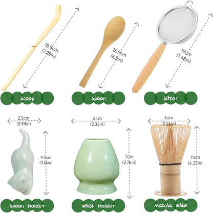 Matcha Whisk Set, 6-Piece Matcha Making Kit, Macha Tea Set, (Chasen Holder), Ceramic Whisk Holder, Matcha Starter Sifter, Bamboo Scoop, Spoon Japanese Tea Tools For Ceremony Gift (Green)
