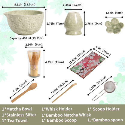 8-Piece Matcha Ceremony Set - Tea Kit with Cherry Blossom Bowl, Bamboo Whisk, Wood Scoops, Tea Cloth & Floral Display - Gift-Ready Pink Cherry color box (blue)