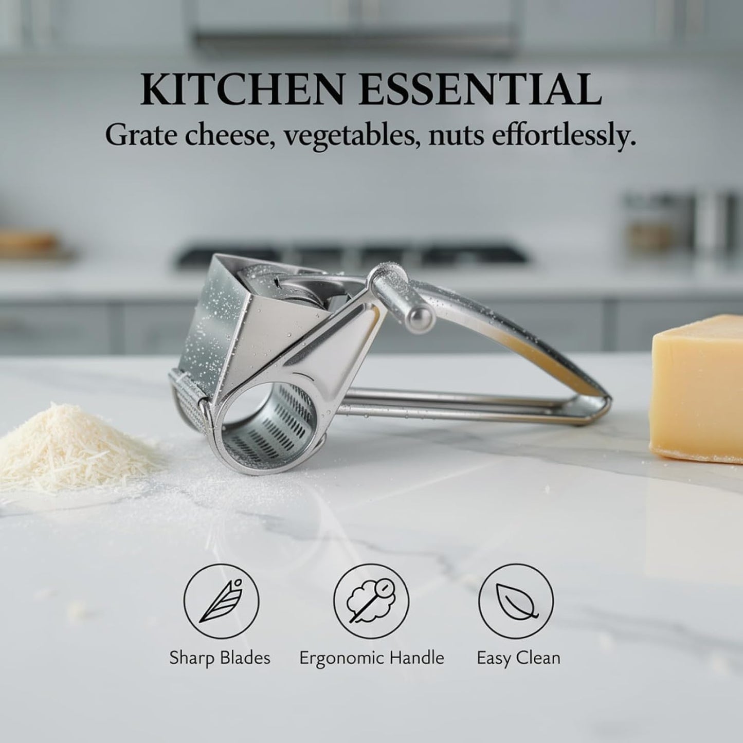 Hand Crank Cheese Grater with 2 Blades, Stainless Steel Rotary Cheese Shredder, Manual Cheese Grater with Extended Handle, Easy to Clean Kitchen Tool for Cheese, Vegetables, Nuts