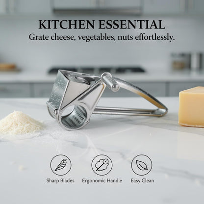 Hand Crank Cheese Grater with 2 Blades, Stainless Steel Rotary Cheese Shredder, Manual Cheese Grater with Extended Handle, Easy to Clean Kitchen Tool for Cheese, Vegetables, Nuts