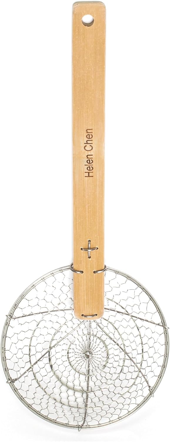 Helen's Asian Kitchen Spider Strainer, 5-Inch Stainless Steel Mesh Basket With Bamboo Handle, For Noodles, Dumplings, Wontons, Deep Frying, And Draining Tasks