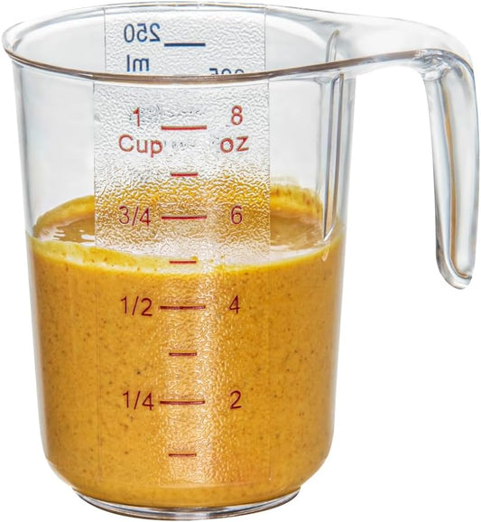 Restaurantware RW Base 1 Quart Measuring Jar 1 Durable Measuring Beaker - Metric And Imperial Units V-Shaped Spout Clear Plastic Measuring Cup Handle With Thumb-Grip Tolerates Up To 248F