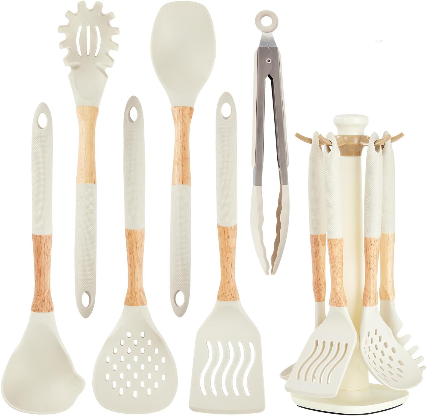 Kitchen Utensils Set - 34 PCS Non-Stick Silicone Cooking Utensils Set Spatula Set with Holder, Wooden Handle Spoon,Brush,Whisk Kitchen Gadgets Tools Set for Nonstick Cookware (Cream White-34P)