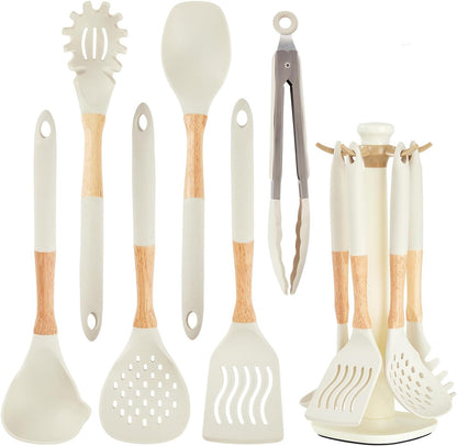 Kitchen Utensils Set - 34 PCS Non-Stick Silicone Cooking Utensils Set Spatula Set with Holder, Wooden Handle Spoon,Brush,Whisk Kitchen Gadgets Tools Set for Nonstick Cookware (Cream White-34P)