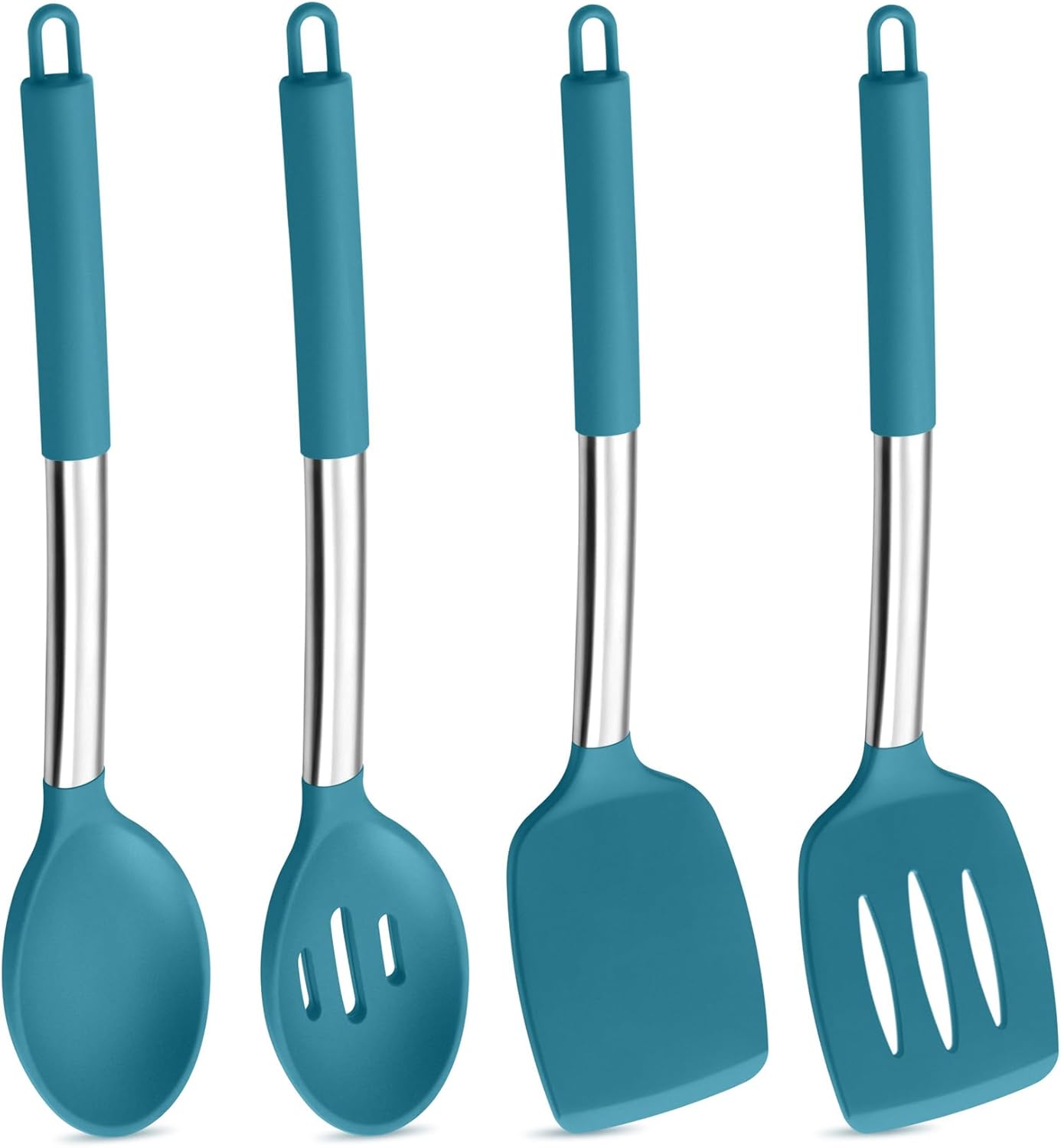 P&P CHEF Black Kitchen Cooking Utensil Set of 4, Silicone Solid Spatulas Slotted Spoons Turners for Non-stick Cookware Flipping Mixing, Heat-proof