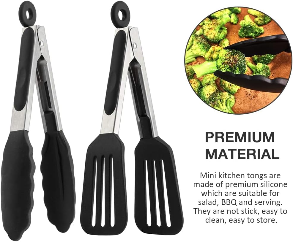 Mini Silicone Serving Tongs Set of 3, Small Kitchen Tongs (7 inch) with Silicone Tips and Stainless Steel Handle, Cooking Tongs for Salads, Pasta, Steaks, Vegetables