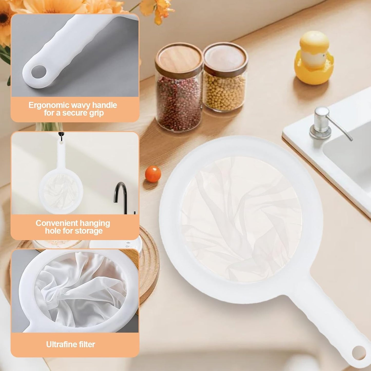 Ultra-Fine Nylon Mesh Strainer- Mini Kitchen Colander for Coffee, Milk, Yogurt, Juice - Non-Slip Handle & Hanging Hole (120 Mesh)