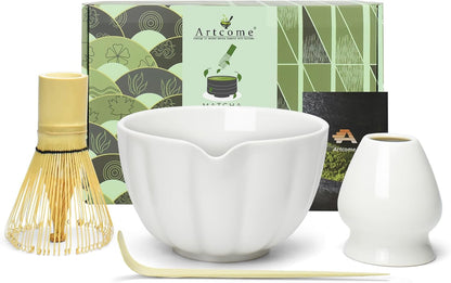 Artcome 4 Pcs Japanese Matcha Tea Set - Matcha Bowl with Pouring Spout, Matcha Whisk, Tea Scoop, Whisk Holder, Handmade Matcha Ceremony Kit For Japanese Tea Ceremony, Rose