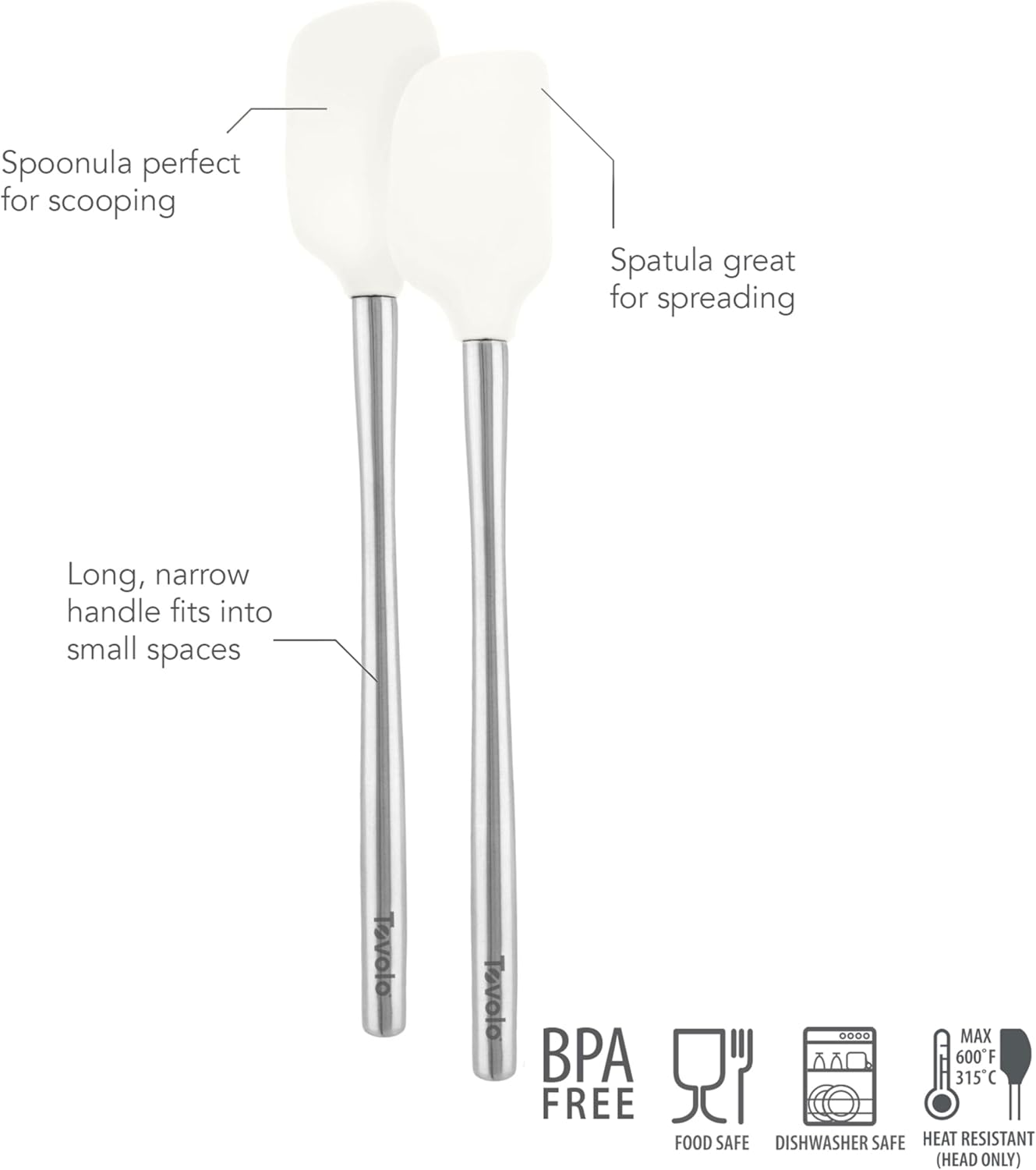 Tovolo Flex Core Silicone Spatula Spoonula Set of 2 for Non Stick Cast Iron Cooking & Baking, Dishwasher Safe Heat Resistant BPA Free Long Stainless Steel Handle Kitchen Utensil, Charcoal Gray