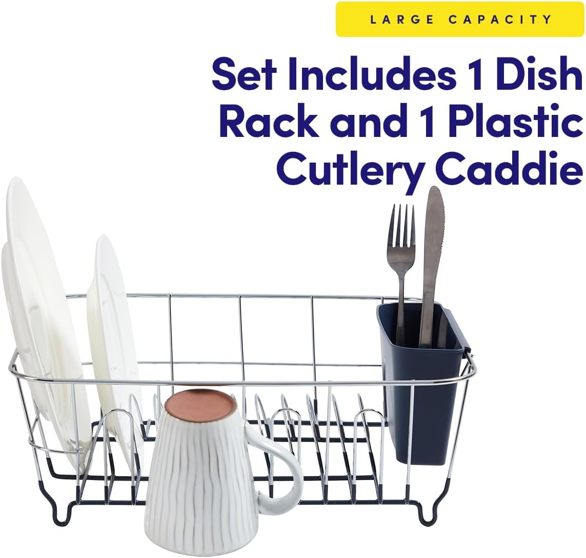 Dish Drying Rack & Cutlery Holder 2 Piece Set - Compact Sink-Fitting Dish Drainer with Rubberized Undercoating, Space-Saving Kitchen Organizer for Plates, Cups, Bowls & Utensils in Sink, Silver