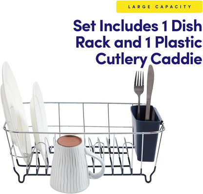 Dish Drying Rack & Cutlery Holder 2 Piece Set - Compact Sink-Fitting Dish Drainer with Rubberized Undercoating, Space-Saving Kitchen Organizer for Plates, Cups, Bowls & Utensils in Sink, Silver