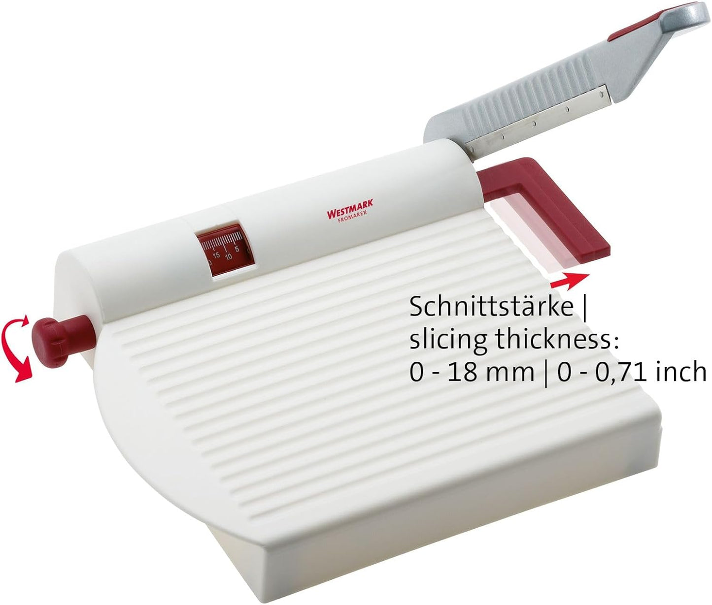 Westmark Adjustable Cheese Slicer with Board & Stainless Steel Sharp Blade, German Cheese Cutter with Precise Thickness Control, Multipurpose Food & Cheese Slicer, Effortless Slicing, White