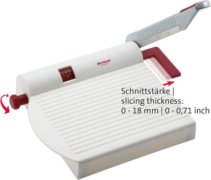 Westmark Adjustable Cheese Slicer with Board & Stainless Steel Sharp Blade, German Cheese Cutter with Precise Thickness Control, Multipurpose Food & Cheese Slicer, Effortless Slicing, White