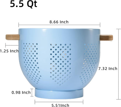 Metal Colander with Wood Handle and Stable Base, 5.5 Quart Powder Coated Steel Kitchen Strainer Basket for Draining Pasta, Vegetable and fruit,Cream