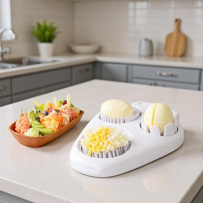 3-in-1 Egg Slicer for Hard Boiled Eggs – Stainless Steel Dicer & Cuber, 3 Slice Modes Kitchen Gadget for Strawberry, Cherry Tomato, Grape – Durable, Dishwasher Safe, BPA-Free (White)