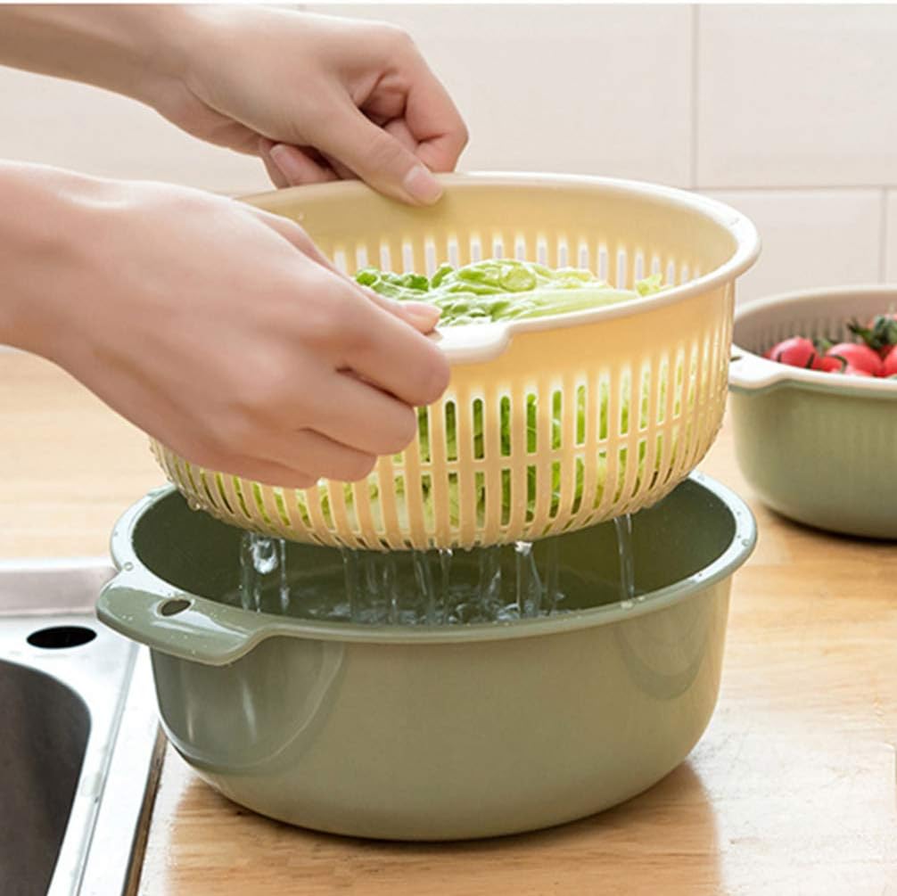 Hemoton Multifunctional Double Layer Plastic Draining Basket 6.29X6.29X2.75In Kitchen Colander for Fruit Vegetable Washing Storage with 360 Rotatable Filter