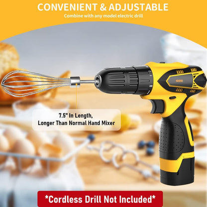 homicozy 3-Piece Stainless Steel Hand Mixer Attachment Set - Whisk, Dough Hook, Egg Beater for Drills - Dishwasher Safe, 9.8 Inch (Drill Not Included) (9.8inch)