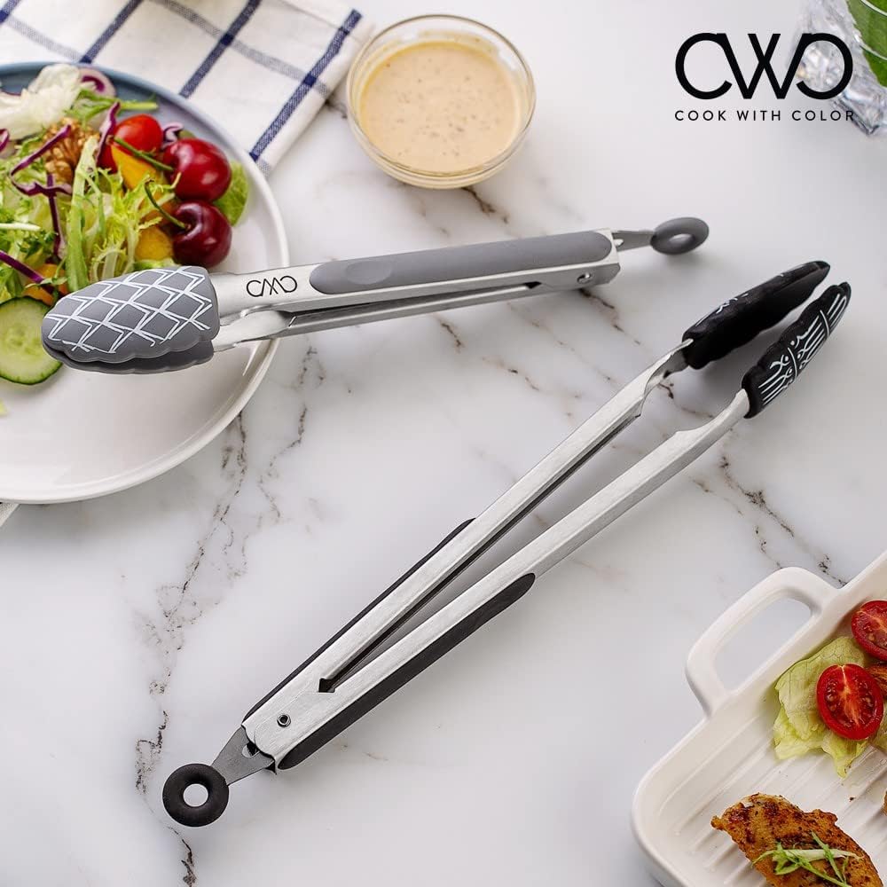COOK WITH COLOR Stainless Steel Silicone Tipped Kitchen & BBQ Tongs Set, 3 Pc Utensils, Grey