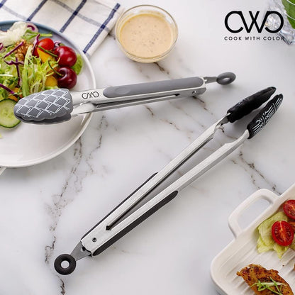 COOK WITH COLOR Stainless Steel Silicone Tipped Kitchen & BBQ Tongs Set, 3 Pc Utensils, Grey