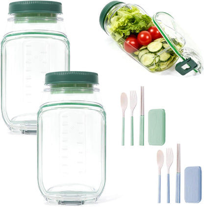 2 Pack Salad Containers with Dressing Cup, Leakproof Salad Jars with Side Hatch, Portable Food Storage Jars with Lid for Meal Prep, Lunch, Picnic & Travel, Reusable Airtight Tritan Canisters