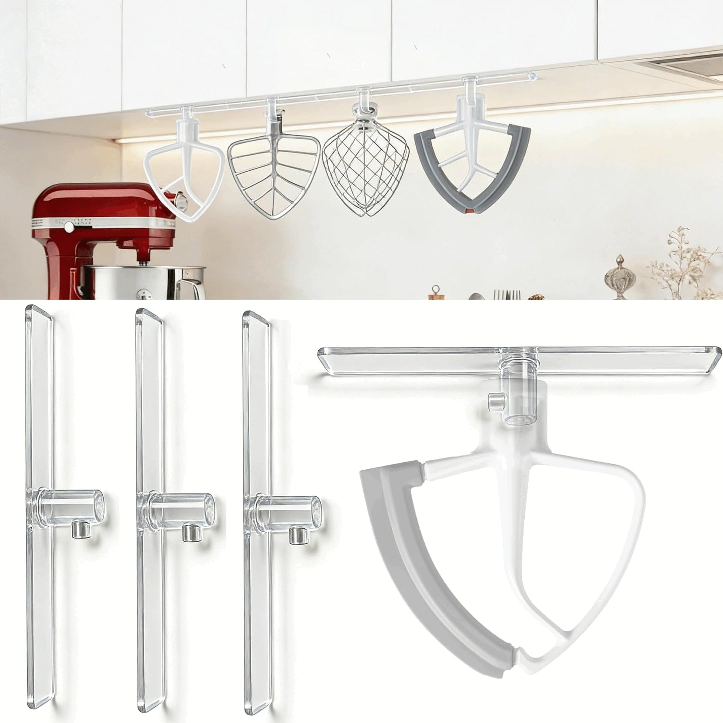 Stand Mixer Attachment Holder for KitchenAid Accessories and Attachments - 4 Pack Hanging Organizer for Storage Your Kitchen Aid Dough Hook Paddle Whisk Attachment Hanger (Plastic White)