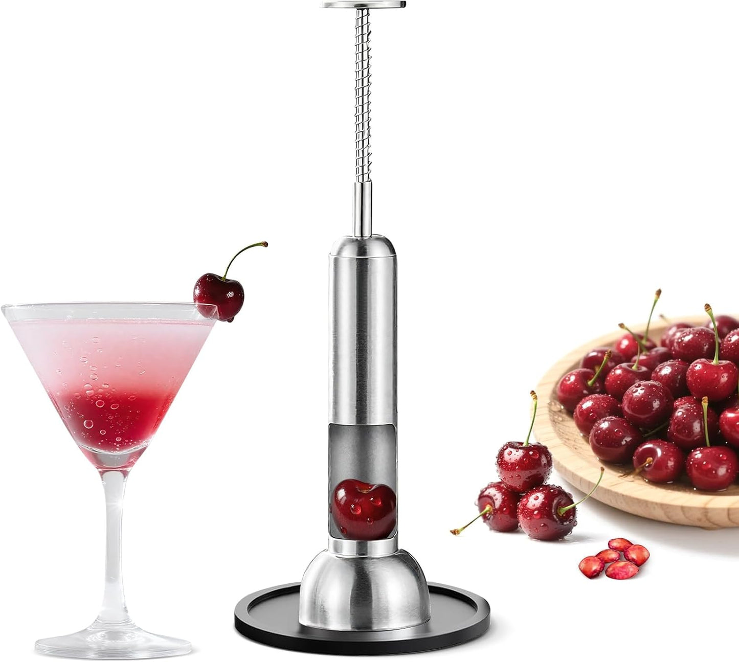 Cherry Pitter Tool, Single-Hole 304 Stainless Steel Cherry Pit Remover for Fresh&Maraschino Cherries, One-Hand Press Fruit Pit Corer Kitchen Tool, Dishwasher, Easy to Clean (Large)