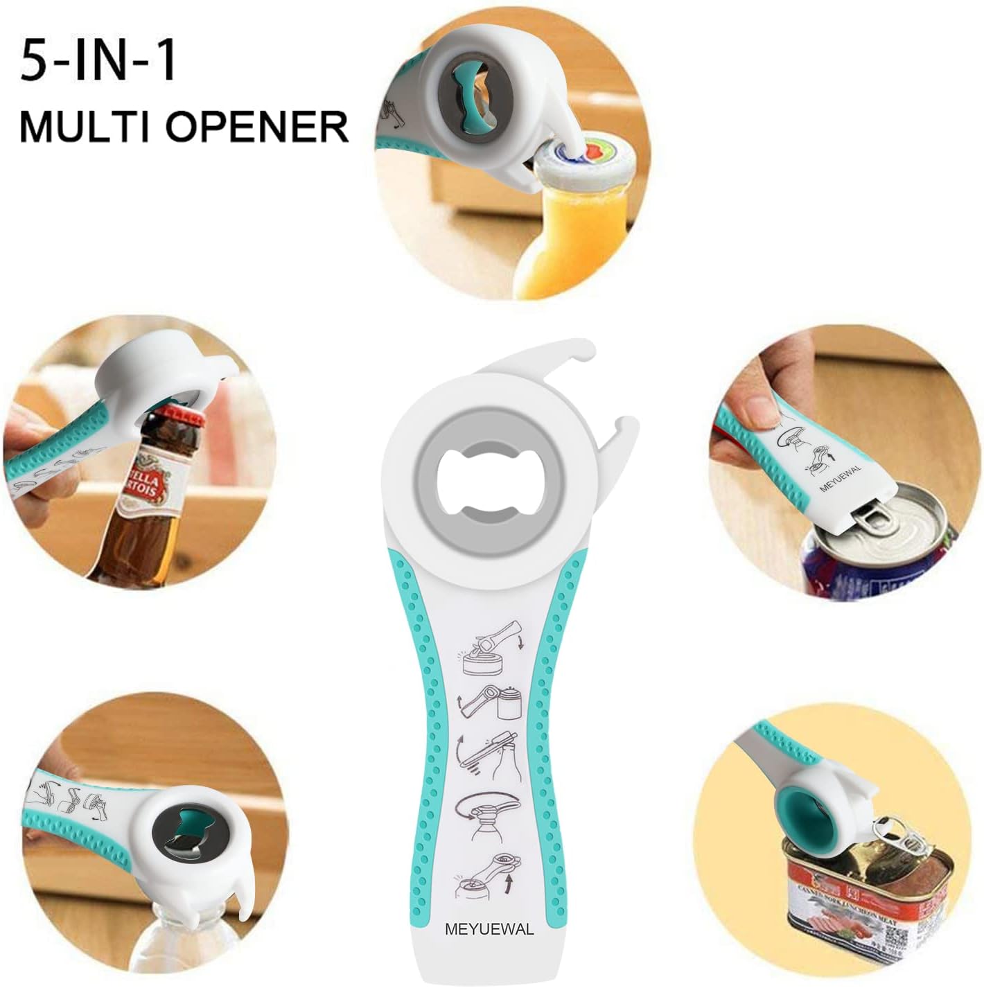 Jar Opener, 5 in 1 Multi Function Can Opener Bottle Opener Kit with Silicone Handle Easy to Use for Children, Elderly and Arthritis Sufferers (Apple Red）