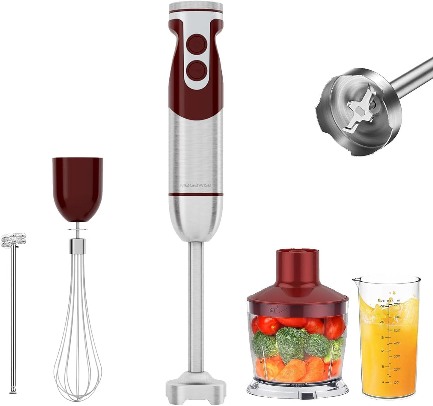 MegaWise 5-in-1 Hand Blender, Powerful Immersion Stick Blender with Titanium Reinforced Blades, 12-Speed Control, Includes Chopper, Beaker, Whisk & Frother for Smoothies & Baby Food