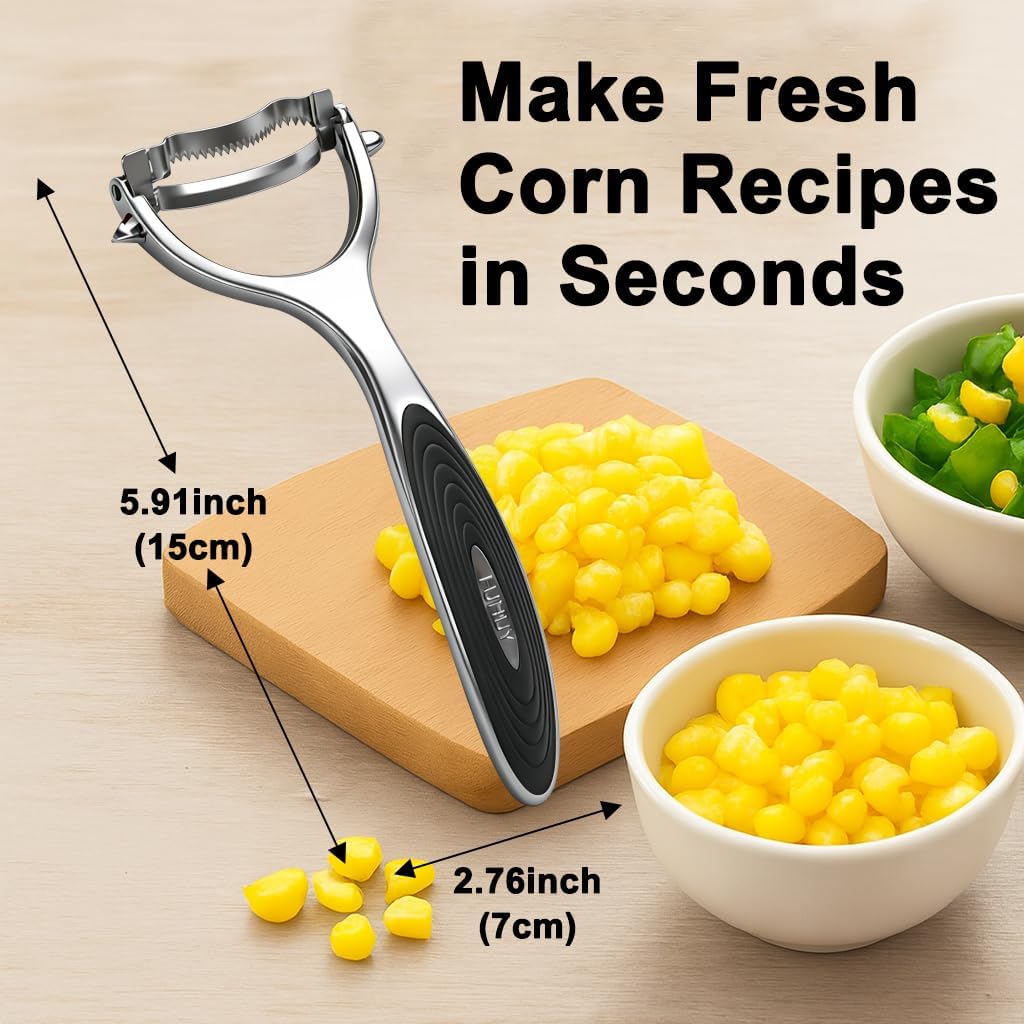 Corn Peeler Tool Set, Stainless Steel Corn Kernel Remover with Serrated Blade, Ergonomic Non-Slip Handle, Includes Corn Holders for Easy Corn Cutting