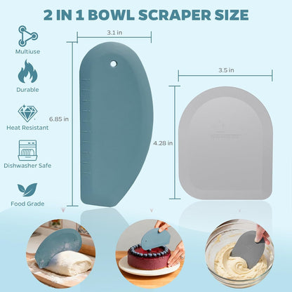 Bowl Scraper Dough Scraper Tool - Set of 2 Silicone Bench Scraper for Baking, Kitchen Pastry Scraper for Bread, Cake, Batter, cheese, Cream, Honey, Jam, Food Scraper with Curved Edge, Blue & Grey