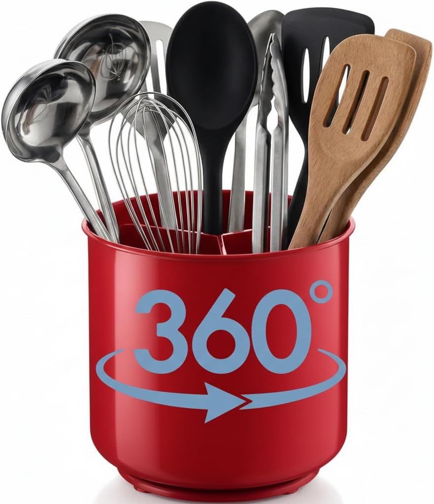 Cooler Kitchen Jumbo Extra Large Sturdy Rotating Black Utensil Holder Caddy with No-Tip Weighted Base, and Gripped Insert - Rust Proof and Dishwasher Safe Kitchen Utensils Holder