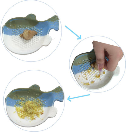 1PCS Ceramic Fish-Shaped Ginger Grater Plate with Cleaning Brush for Kitchen Gadget Ginger Garlic Spices (4.8"x3.5")