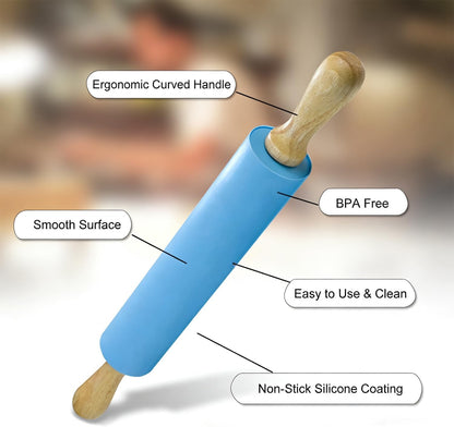 Non-Stick Rolling Pin Silicone Basting Pastry Mat Spatula Brushes Set:Combo Kit of Large and Small Dough Rollers and 2 Stainless Steel Cookie Cutters for Baking