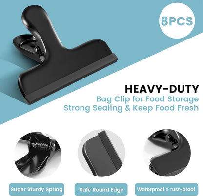 HOUSE AGAIN 8 Pack Stainless Steel Chip Bag Clips Covered with Silicone - NO More Sharp Edges - Color Coded for Food Bags - Air Tight Seal, Heavy Duty for Kitchen and Office, 3 Inches