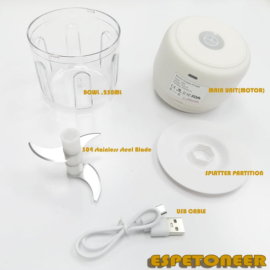 Electric Garlic Chopper , Cordless USB Chargeable Mini Food Processors 250ML (White)