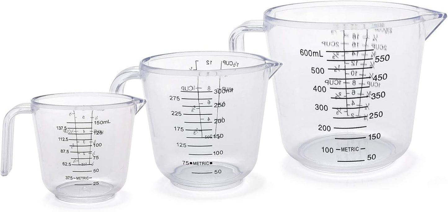Plastic Measuring Cup Set, Kitchen Cooking and Baking Seasoning Liquid Measuring Cup, Multiple Scale Identification, with Handle and Triangle Mouth, 150ml, 300ml, 600ml, 3-piece Set (Pink)