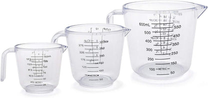 Plastic Measuring Cup Set, Kitchen Cooking and Baking Seasoning Liquid Measuring Cup, Multiple Scale Identification, with Handle and Triangle Mouth, 150ml, 300ml, 600ml, 3-piece Set (Pink)