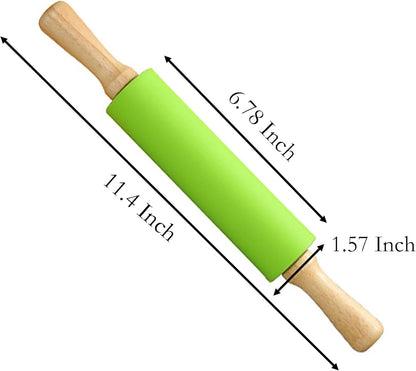 Silicone Rolling Pin, Green 9 Inch Pin with Wooden Rotatable Handle for Dough of Baking Bread, Cookie, Pizza (green, 9 inch)