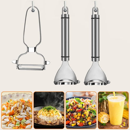 Abnaok Corn Stripper, Magic Corn Cob Stripper Tool, Premium Stainless Steel Corn Peeler with Ergonomic Handle, Corn on the Cob Stripper Tool (2x Corn Peeler+ 1 x Vegetable Peeler)