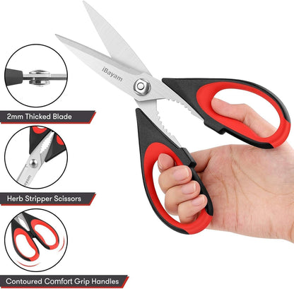 iBayam Kitchen Scissors All Purpose Heavy Duty 2 Pack with Protective Sheath, Stainless Steel Shears Kitchen Utensils Set for Cutting Food Cooking Meat Poultry Dishwasher Safe Soft Comfort-Grip