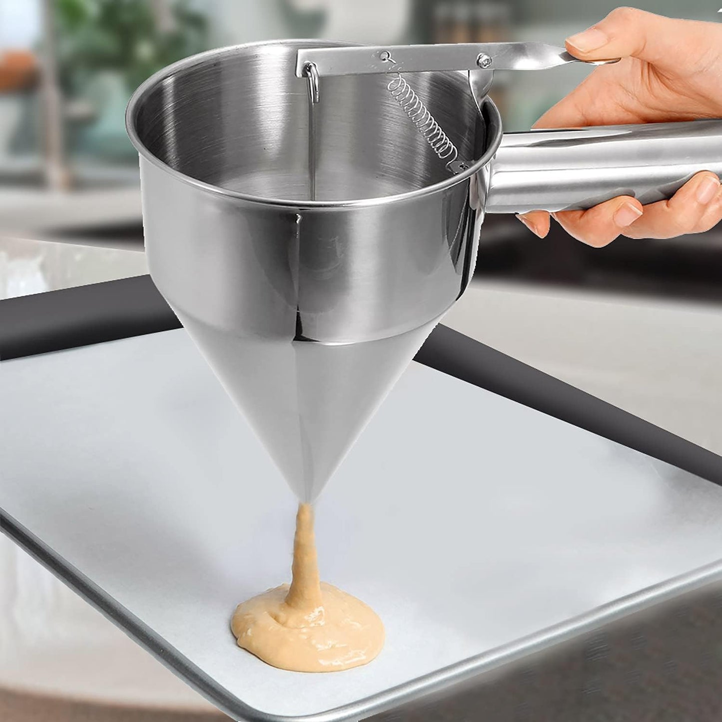 ALDKitchen Batter Dispenser | Funnel Dough Dispenser with Stand | Stainless Steel