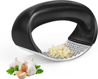 Cook Guy 304 Stainless Steel Garlic Press Rocker Set - Premium Garlic Mincer, Crusher, Peeler and Scraper Tool for Effortless Mincing - Comfortable Grip Garlic Grinder (Silver)