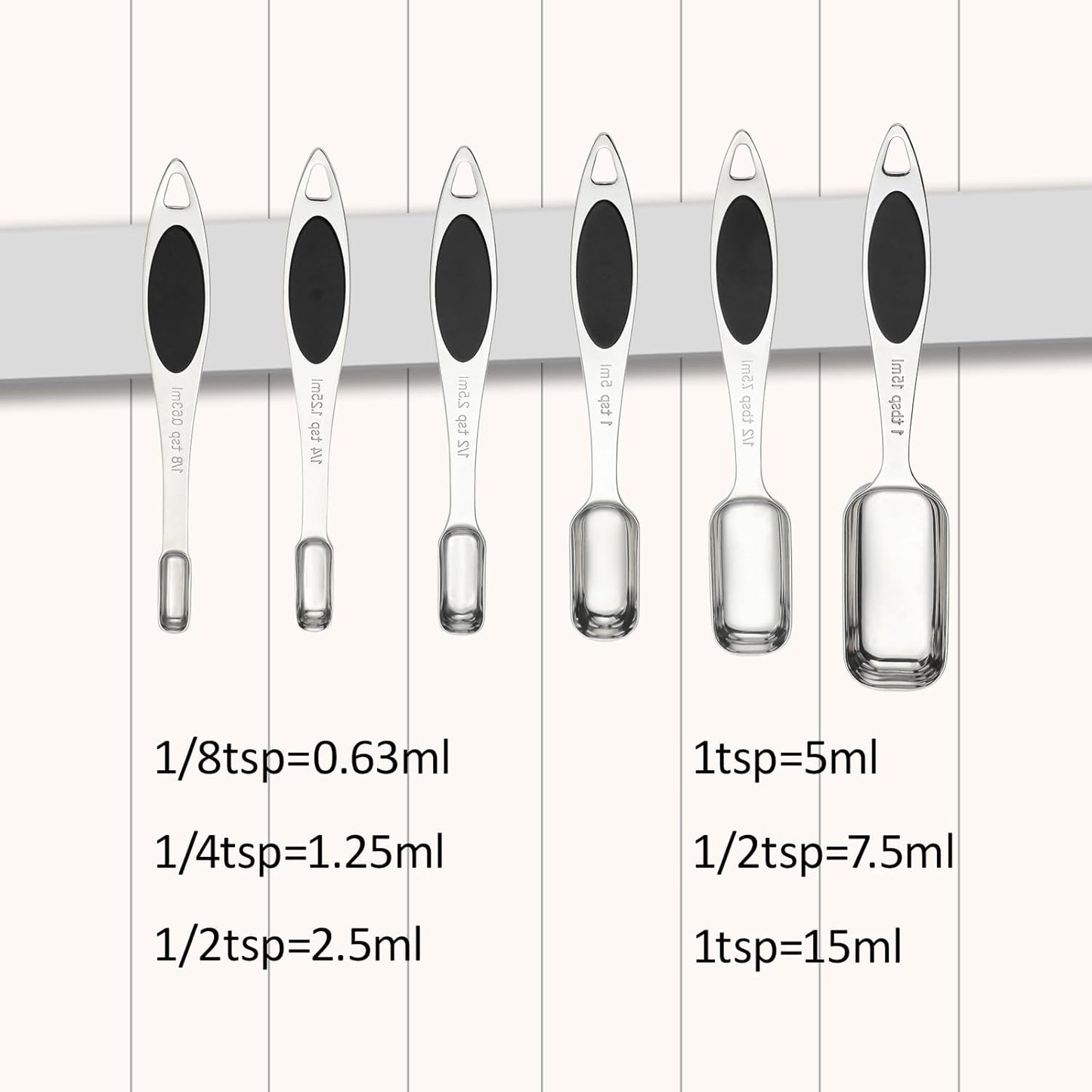 Magnetic Measuring Spoons Set of 7,Stainless Steel Measuring Spoons with Leveler,Nesting Measuring Spoon for Dry & Liquid Ingredients (7, Black)