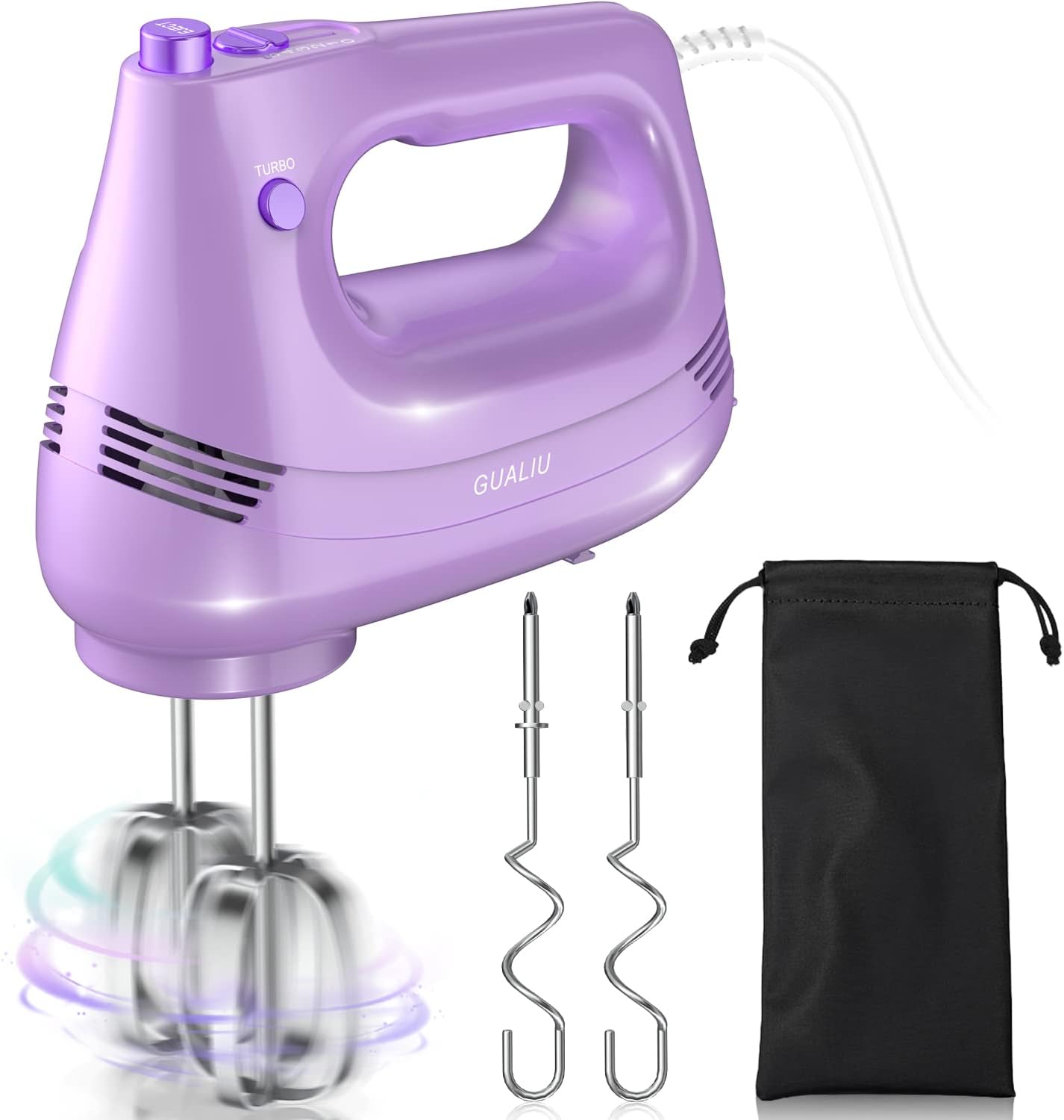 GUALIU Electric Hand Mixer with Stainless Steel Whisk, Dough Hook Attachment and Storage Bag, Handheld Mixer for Baking Cakes, Eggs, Cream Food Mixers. Turbo Boost /5 Speed Kitchen Blender PINK