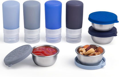 MICEBAY 8-Pack Salad Dressing Container To Go, 2-oz Silicone Small Condiment Squeeze Bottles and 1.6 oz Stainless Steel Sauce Containers Cups, Leakproof Condiment Containers with Lids for Lunch Box