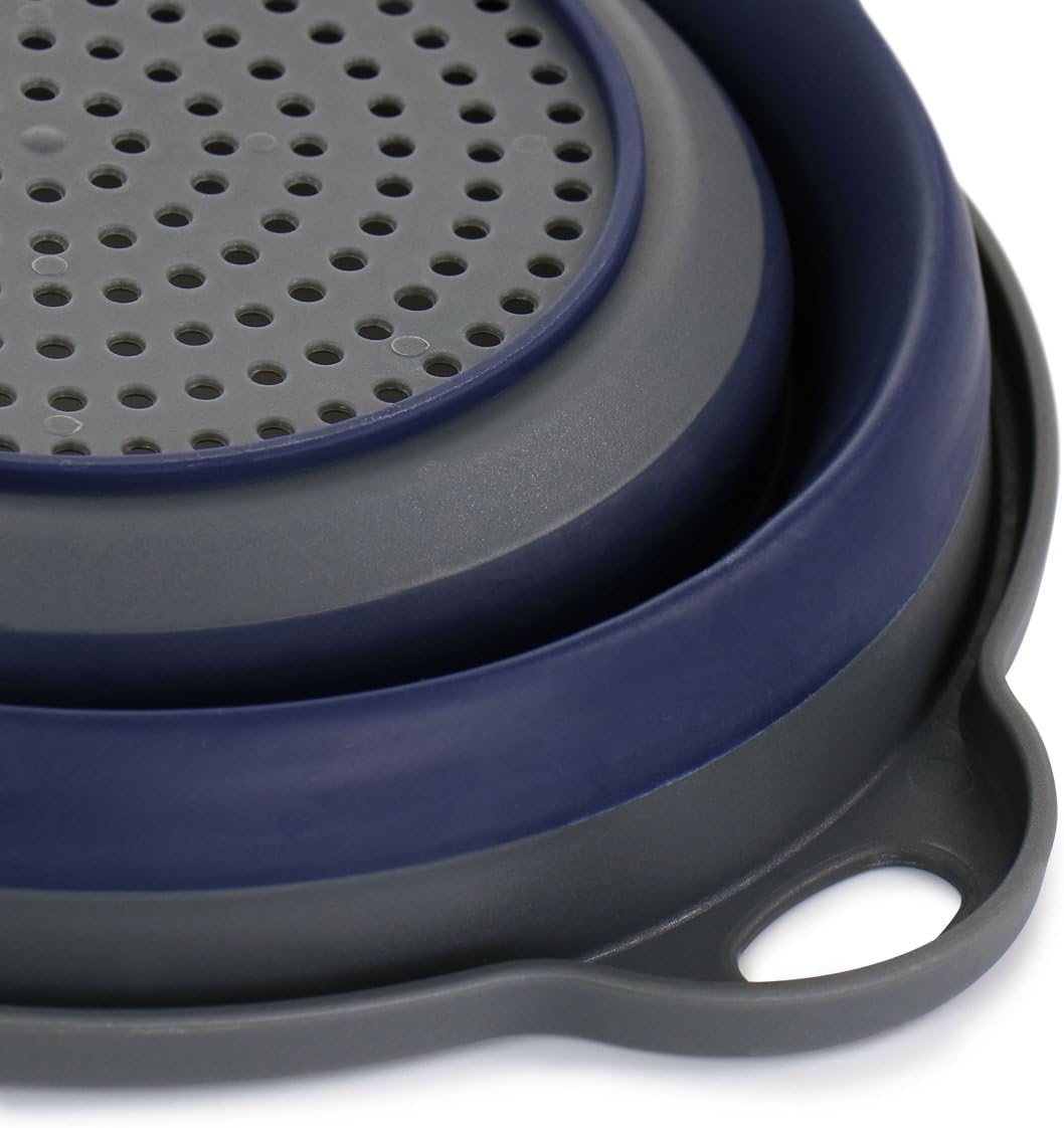 Collapsible Colander with Handle – Space-Saving Polypropylene Strainer for Pasta, Vegetables & Fruits, Foldable Kitchen Colander in Navy Blue