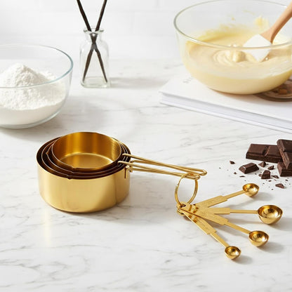 Gold Measuring Cups and Spoons Set, 8 Piece Stainless Steel Measuring Cup and Spoon Set for Baking and Cooking, Stackable Gold Kitchen Measuring Utensils for Dry and Liquid Ingredients