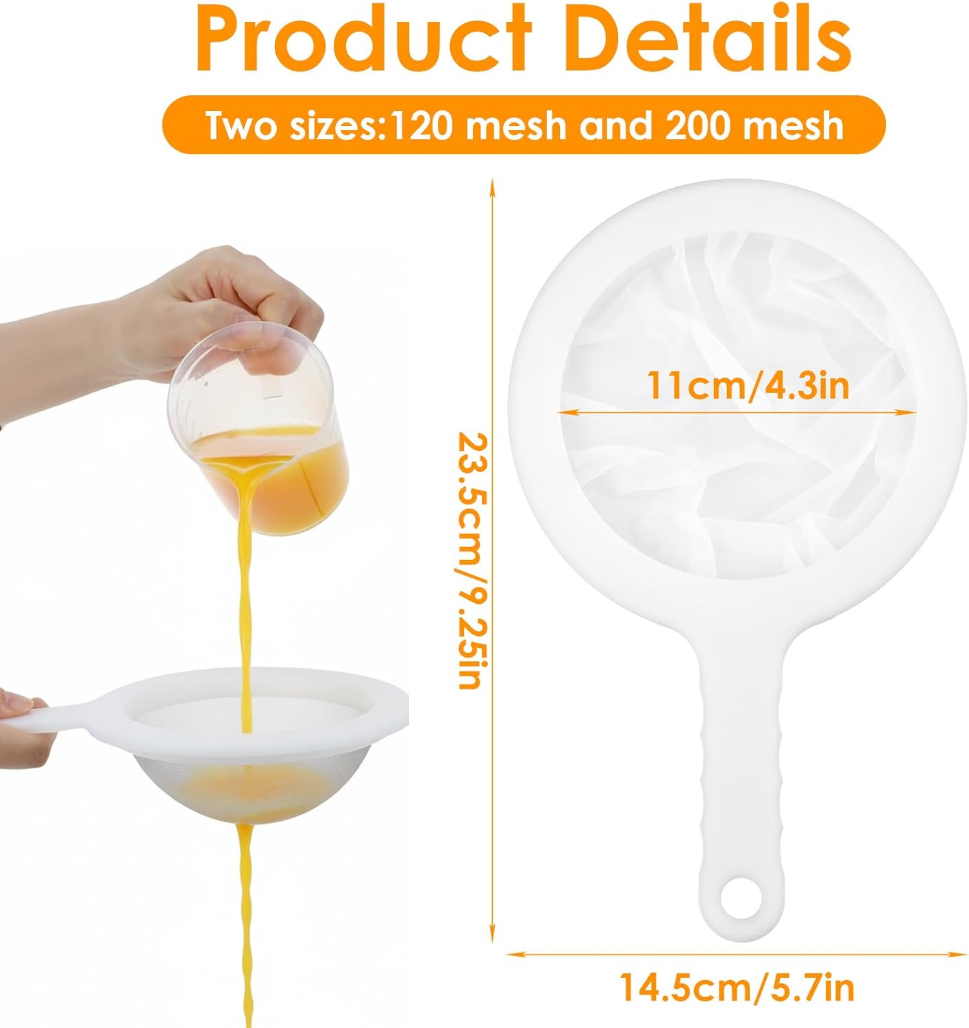 Grevosea 2 Pcs Fine Mesh Strainer Small Plastic Juice Strainer After Juicing Fine Mesh Sieve with Handle Cheese Cloths for Straining Tea Coffee Juice Yogurt and Soup Kitchen Accessories (200 Mesh)