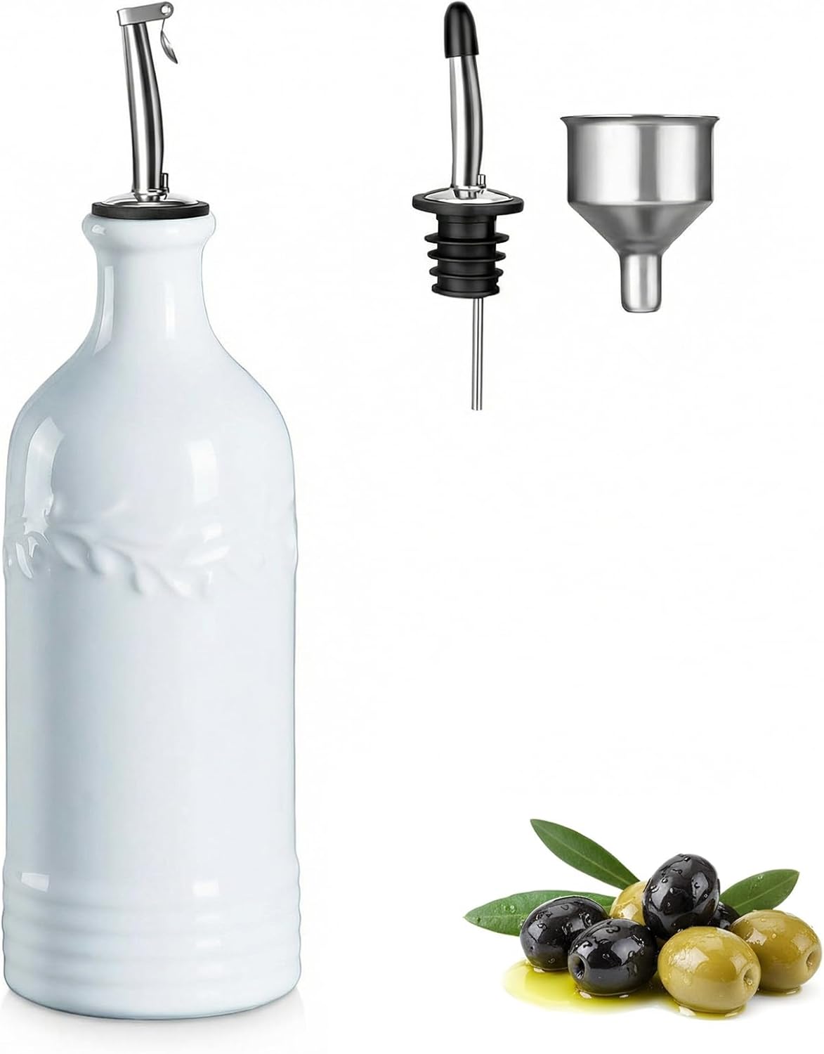 ONEMORE Ceramic Olive Oil Dispenser Bottle with Pour Spouts & Funnel, 17 oz Refillable Kitchen Oil Dispenser for Cooking, Drizzling, Dressing, Modern Leakproof Oil and Vinegar Dispenser, White